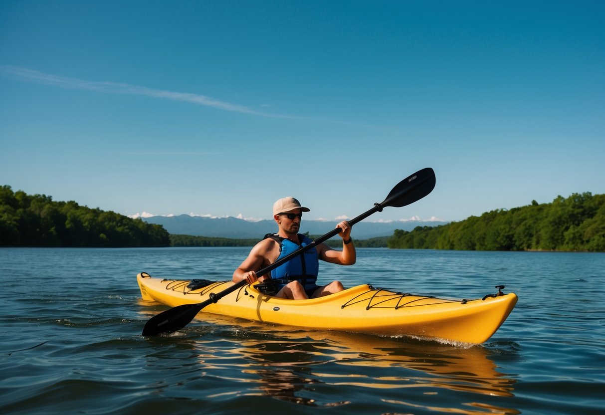 A kayaker paddling through calm waters surrounded by lush greenery and distant mountains under a clear blue sky