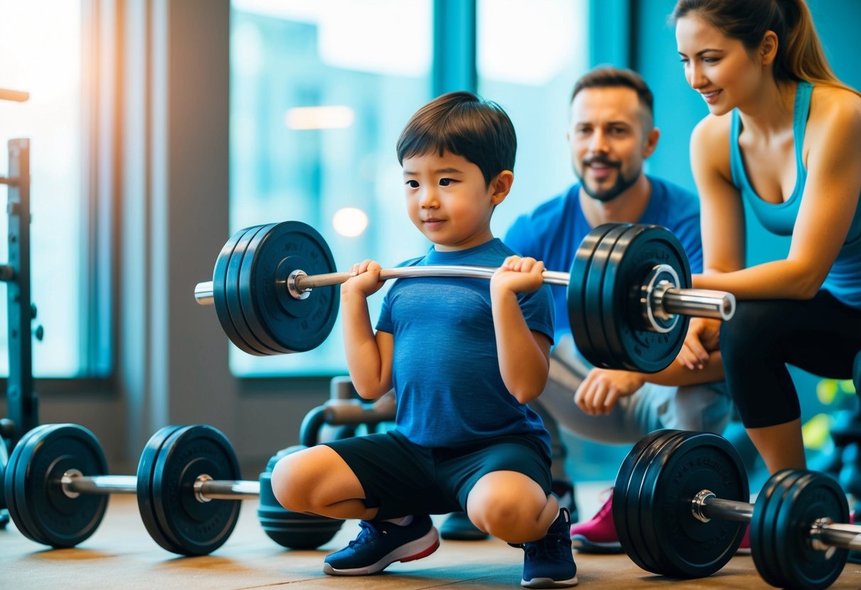 A child lifting weights with proper form, surrounded by various fitness equipment and a supportive adult figure offering guidance