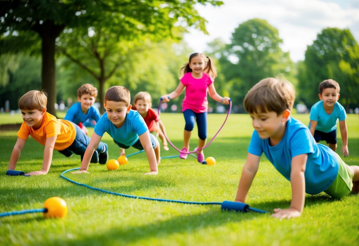 Children playing in a park, doing yoga, jumping rope, and playing tag. A group of kids doing push-ups and sit-ups on the grass