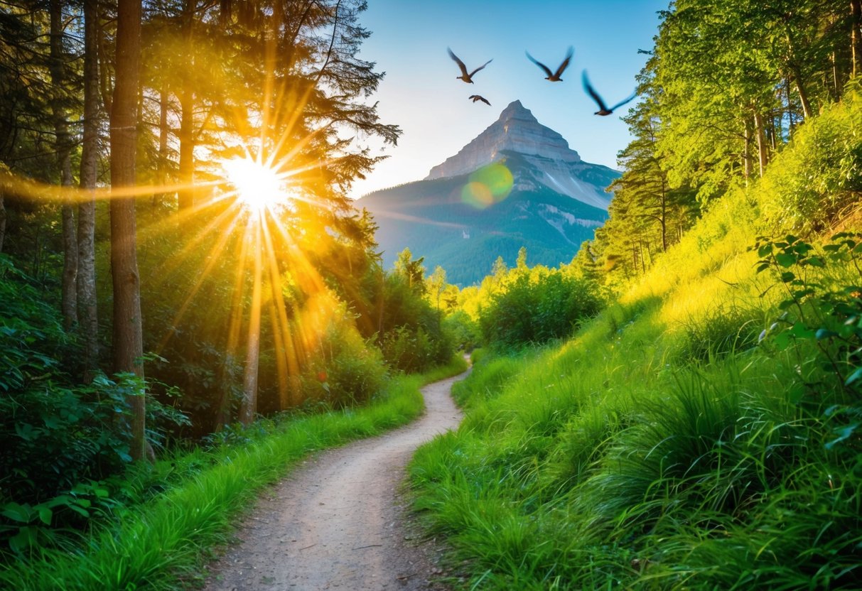 A colorful, winding trail leads through a lush forest, with sunlight streaming through the trees and birds flying overhead. A mountain peak looms in the distance, inviting exploration