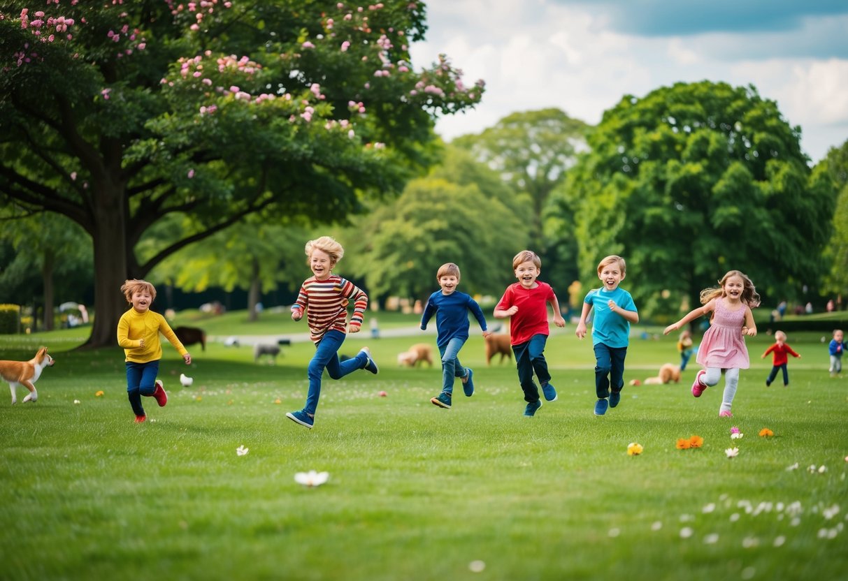 Children in a lush, green park, running, jumping, and playing games. Trees, flowers, and animals are scattered throughout the landscape