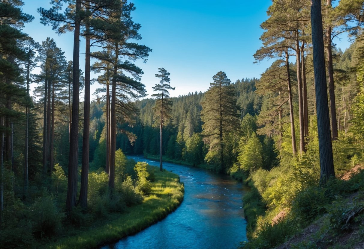 A serene forest with towering trees, a winding river, and a clear blue sky, evoking a sense of tranquility and connection to nature