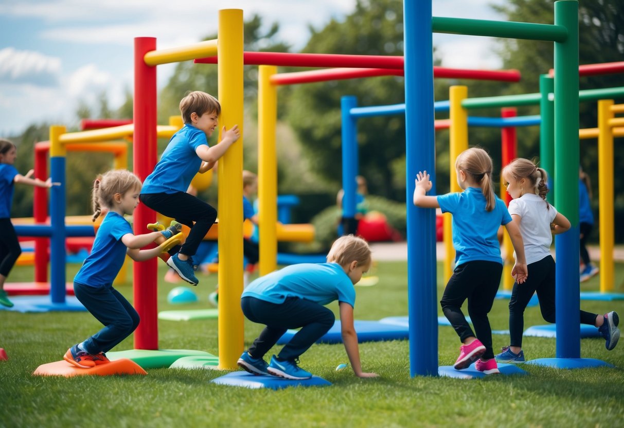 A group of kids navigate through a colorful outdoor obstacle course, climbing, crawling, and balancing on various fitness stations