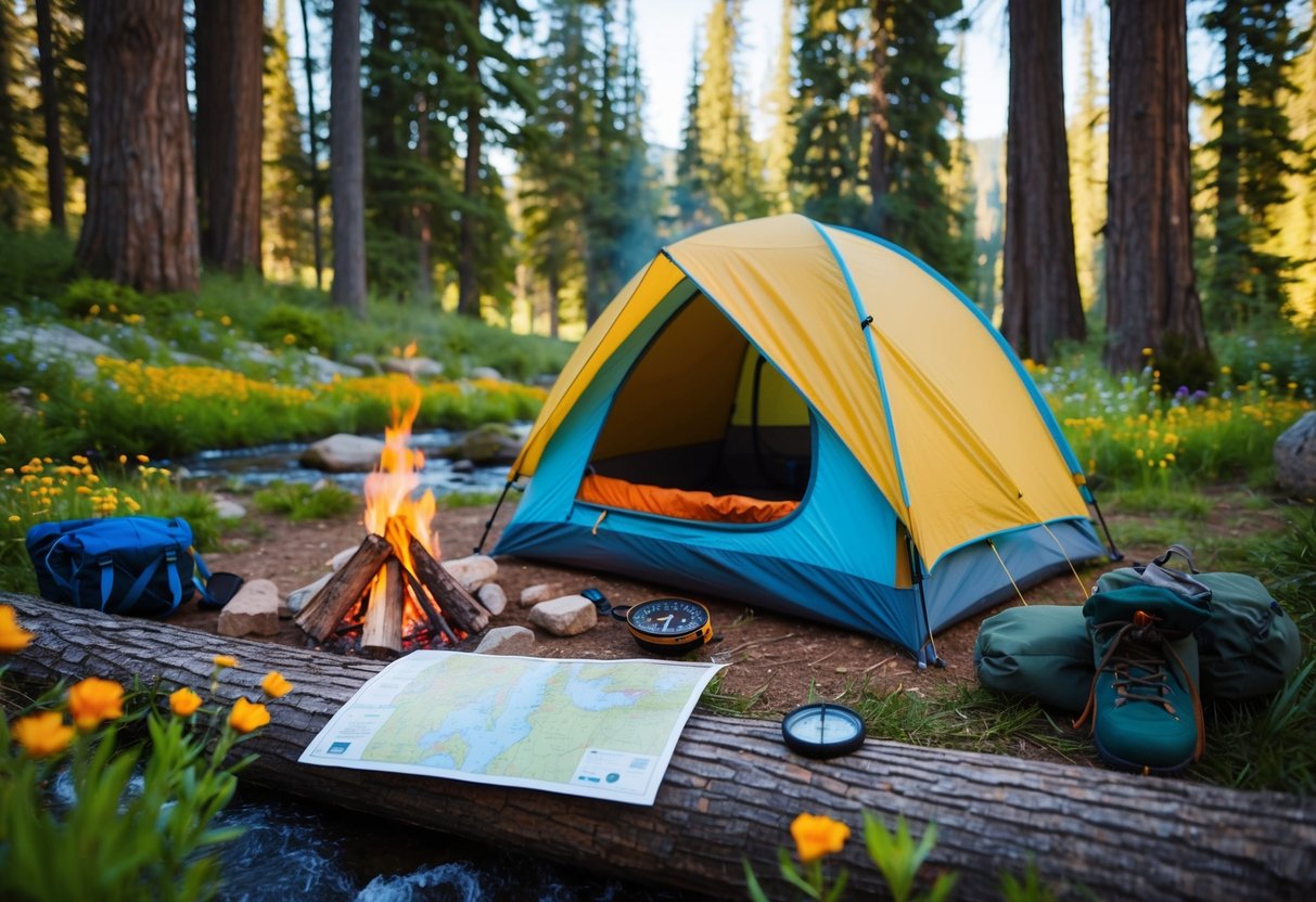 A colorful tent nestled among tall trees, with a crackling campfire and hiking gear scattered nearby. A map and compass sit on a log, surrounded by wildflowers and a flowing stream