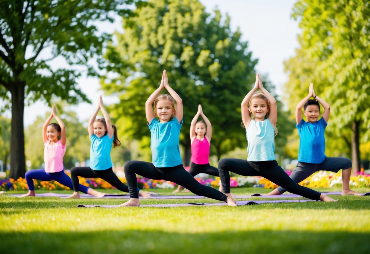 Children practicing yoga poses in a sunny park, surrounded by trees and colorful flowers. An instructor leads the outdoor fitness class with playful and engaging routines