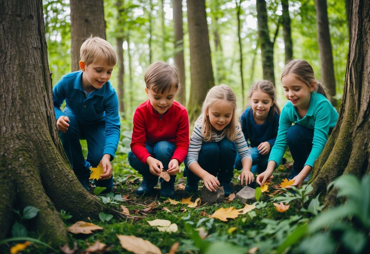 A group of children explore a lush forest, searching for hidden treasures among the trees and foliage. They eagerly collect natural items such as leaves, rocks, and feathers, while laughing and pointing out interesting finds to each other