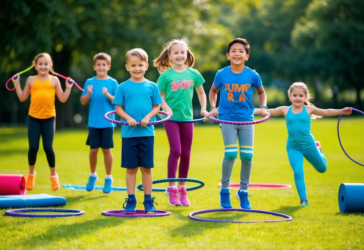 Children in a park, hula hooping in a contest. Surrounding them are various outdoor fitness routines such as jumping rope, playing tag, and doing yoga