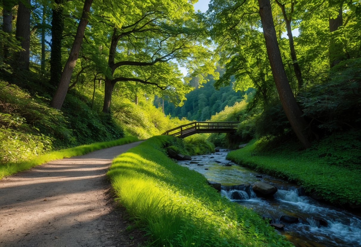 A winding trail leads through a lush forest, crossing over a bubbling stream and under the shade of towering trees. Sunlight filters through the leaves, creating dappled patterns on the ground