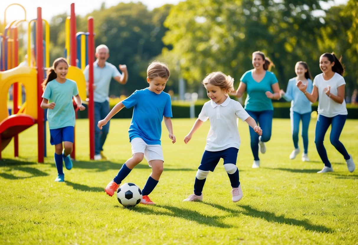 Children playing soccer in a sunlit park, surrounded by cheering parents and colorful playground equipment