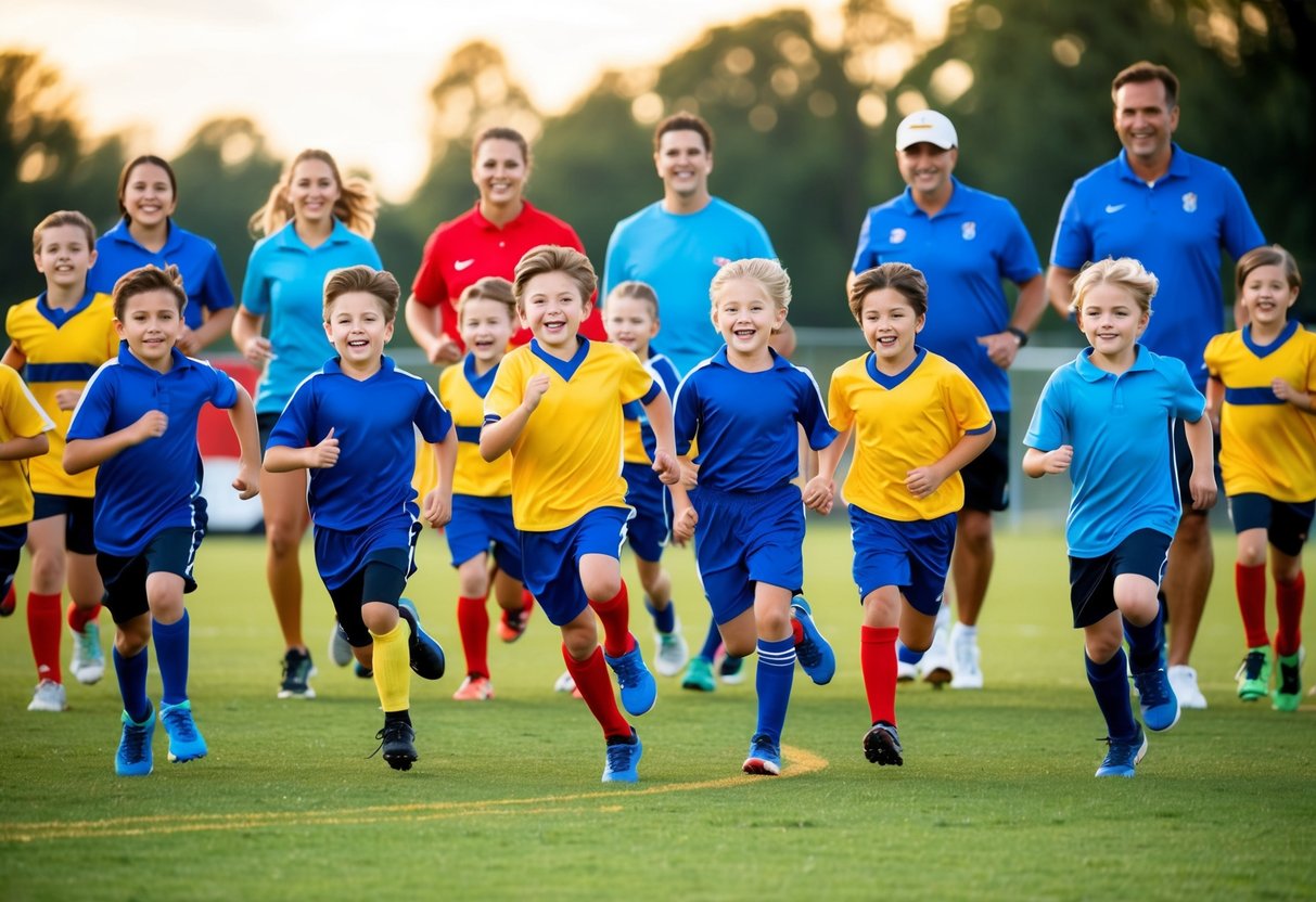 A group of children in sports uniforms, running and playing together on a field, surrounded by cheering parents and coaches