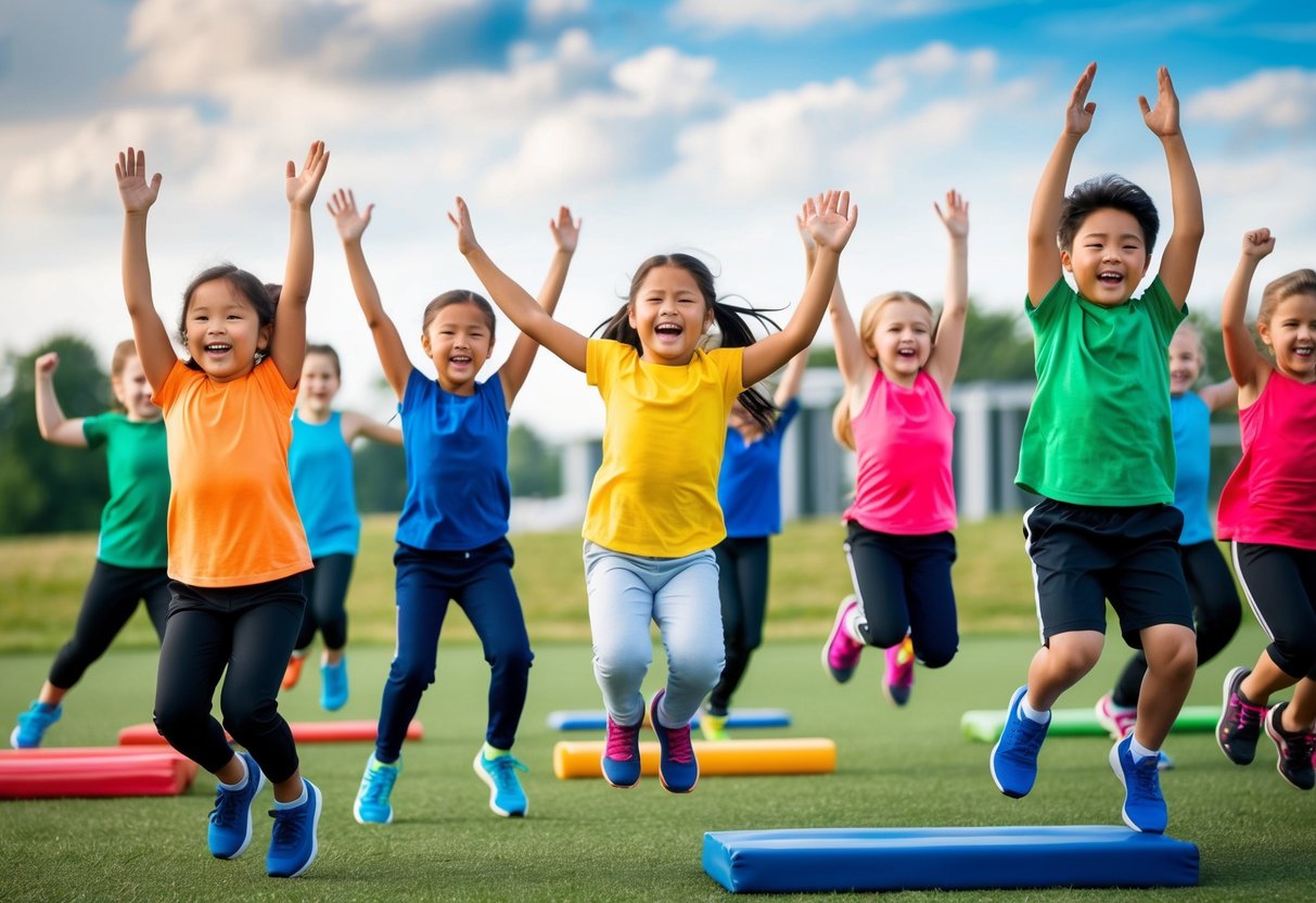 Children participating in a variety of fun fitness challenges, such as relay races, obstacle courses, and jumping exercises, while cheering and laughing