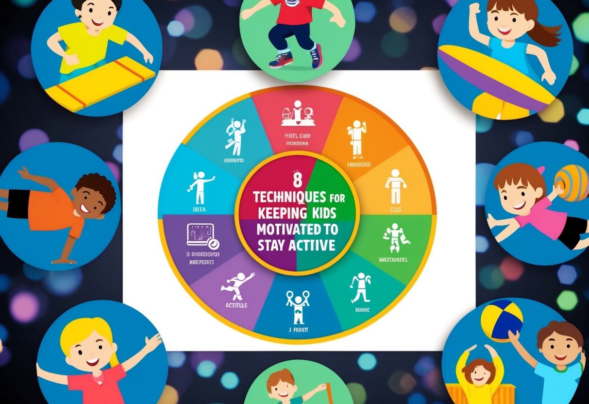 A colorful chart with eight different icons representing techniques for keeping kids motivated to stay active, surrounded by vibrant illustrations of children participating in various physical activities