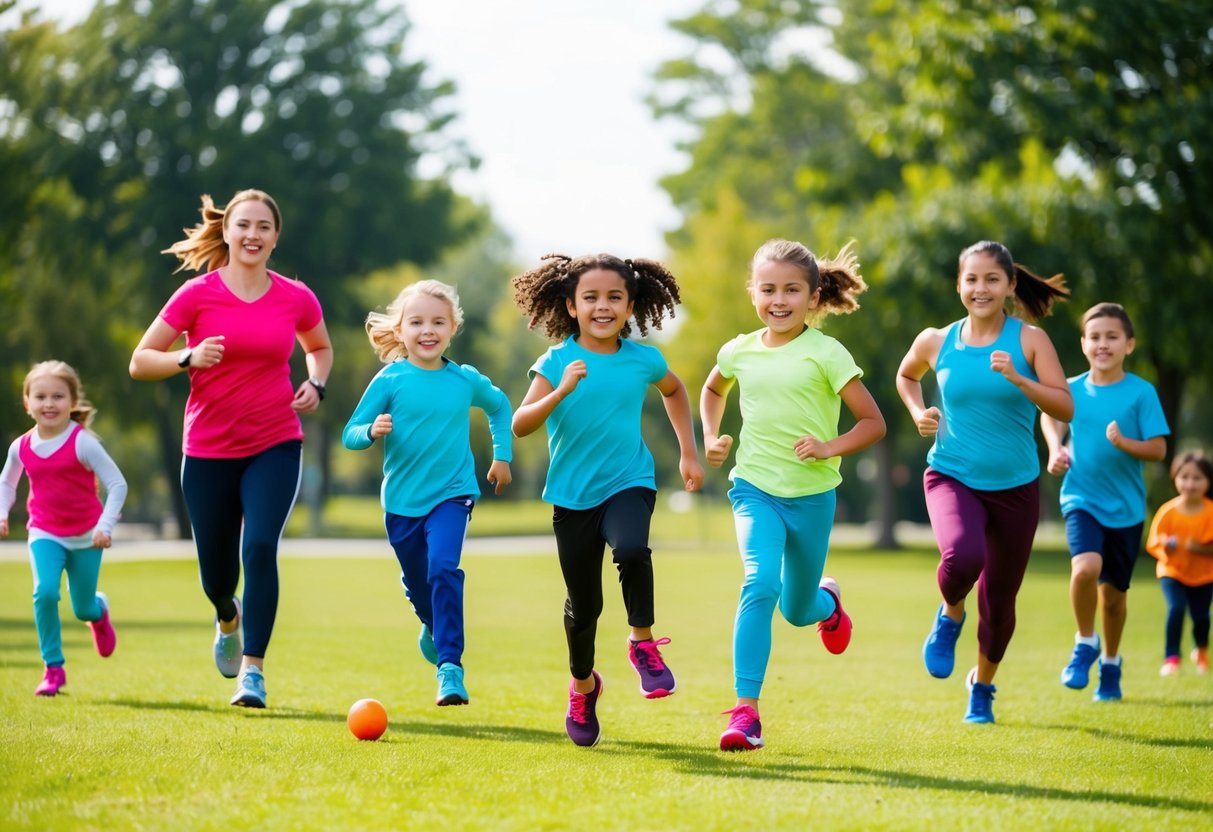 A colorful outdoor park with children participating in various fitness activities, such as running, jumping, and playing sports, while parents cheer them on