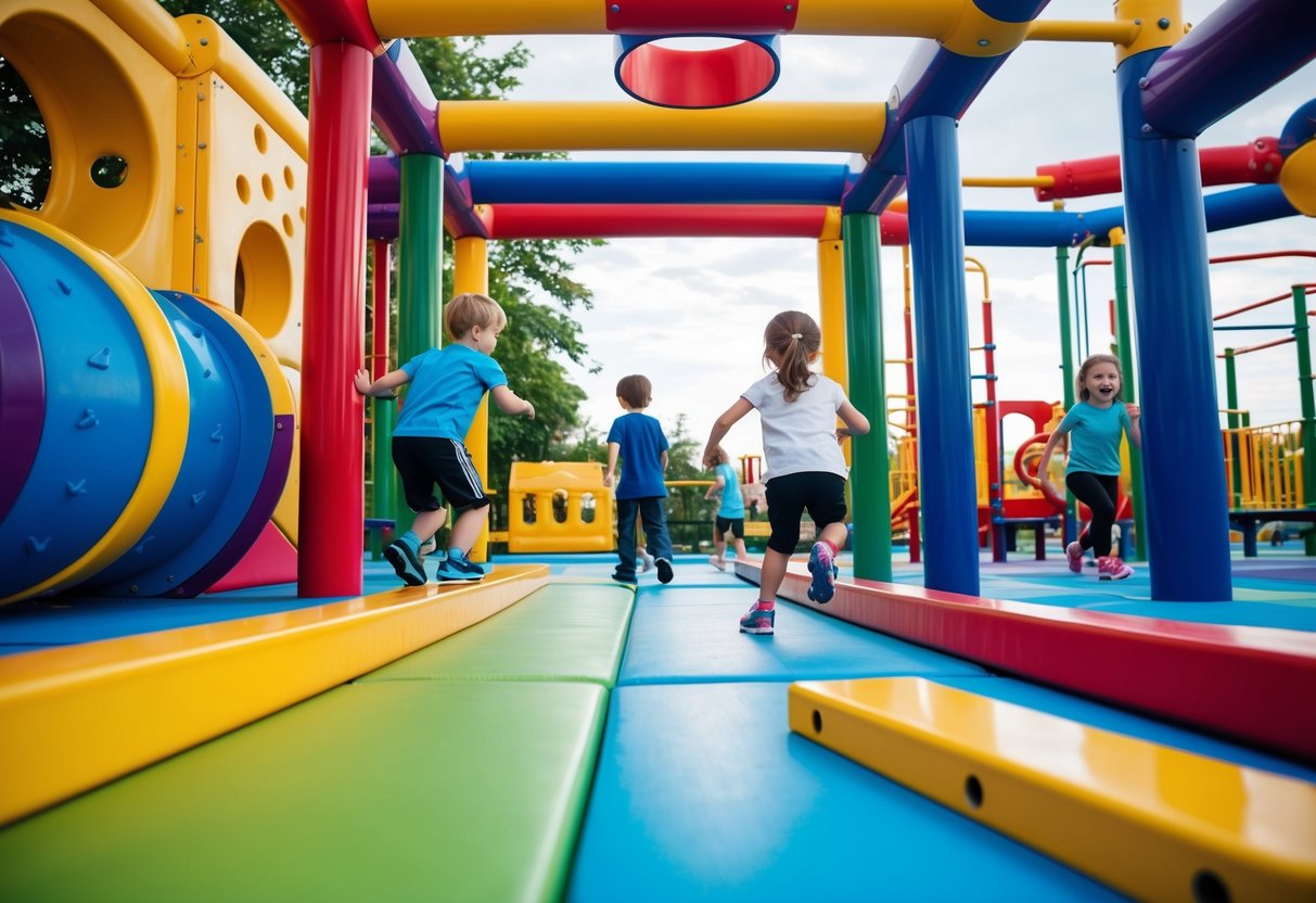 Children navigating through a colorful, dynamic obstacle course with tunnels, balance beams, and climbing walls, all set in a vibrant outdoor playground