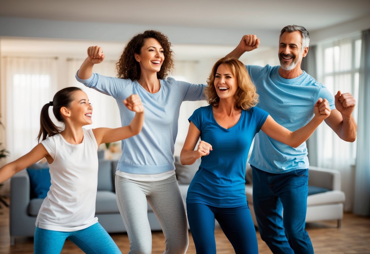 A family of four dances in the living room, smiling and moving to the beat of the music. The room is filled with energy and laughter as they enjoy their fitness dance party