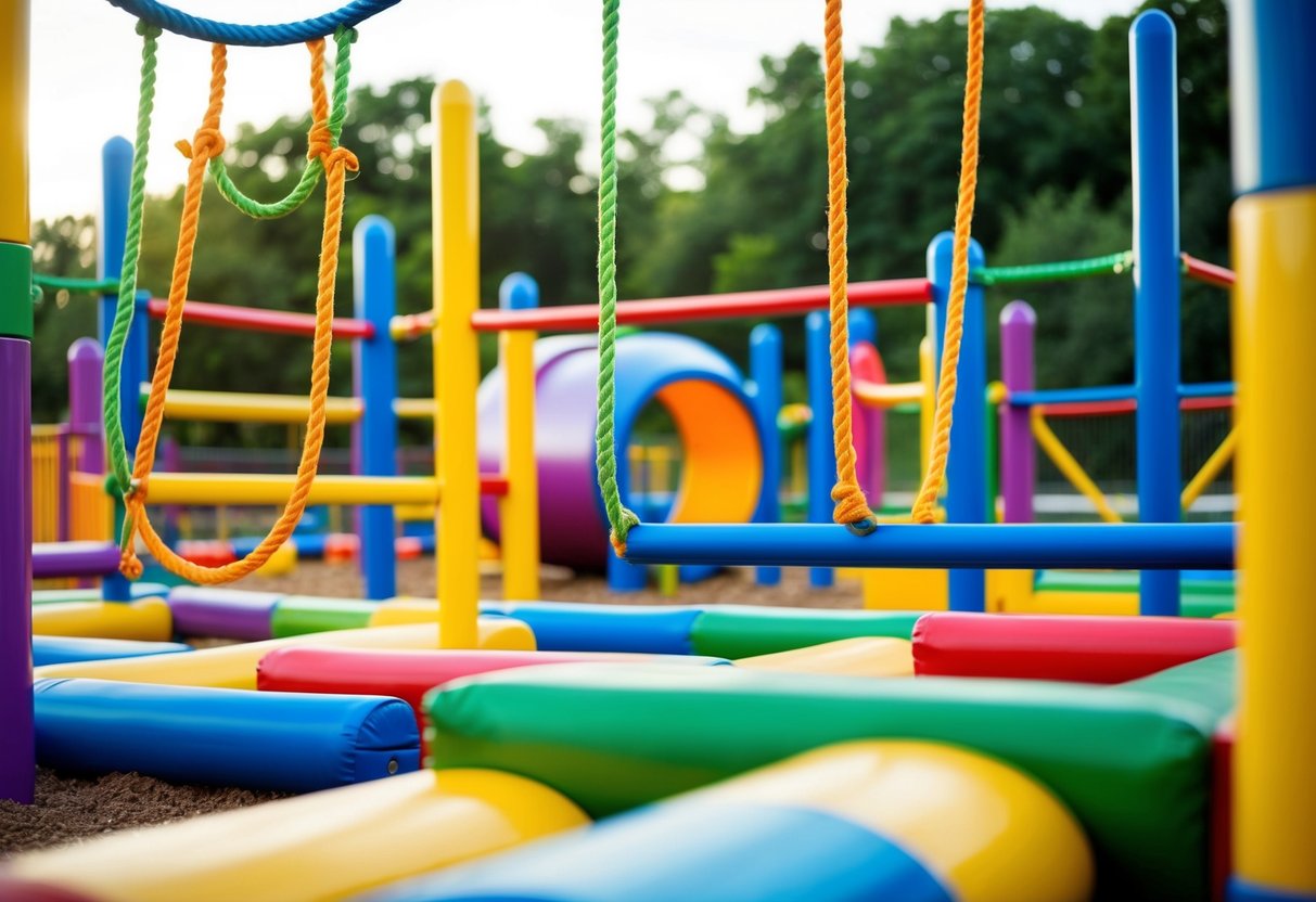 A colorful obstacle course with ropes, balance beams, tunnels, and monkey bars set in a vibrant outdoor playground