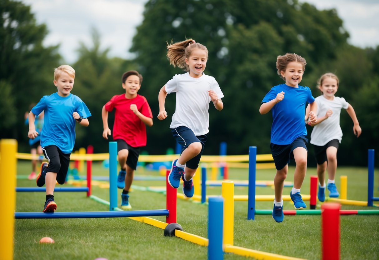 A group of children run and jump through an obstacle course, with colorful sports equipment scattered around the area