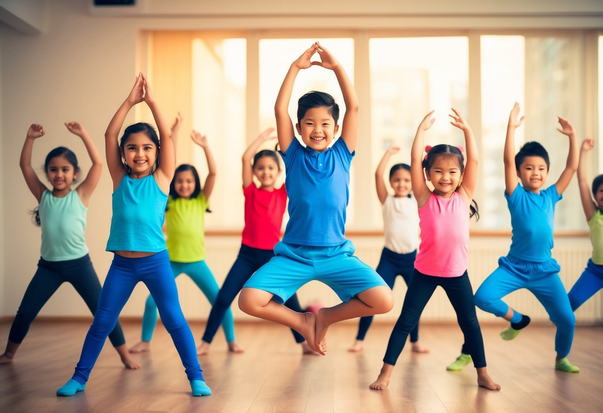 A group of children are joyfully dancing and moving their bodies in a lively and energetic manner, showcasing their strength and flexibility through various fun exercises