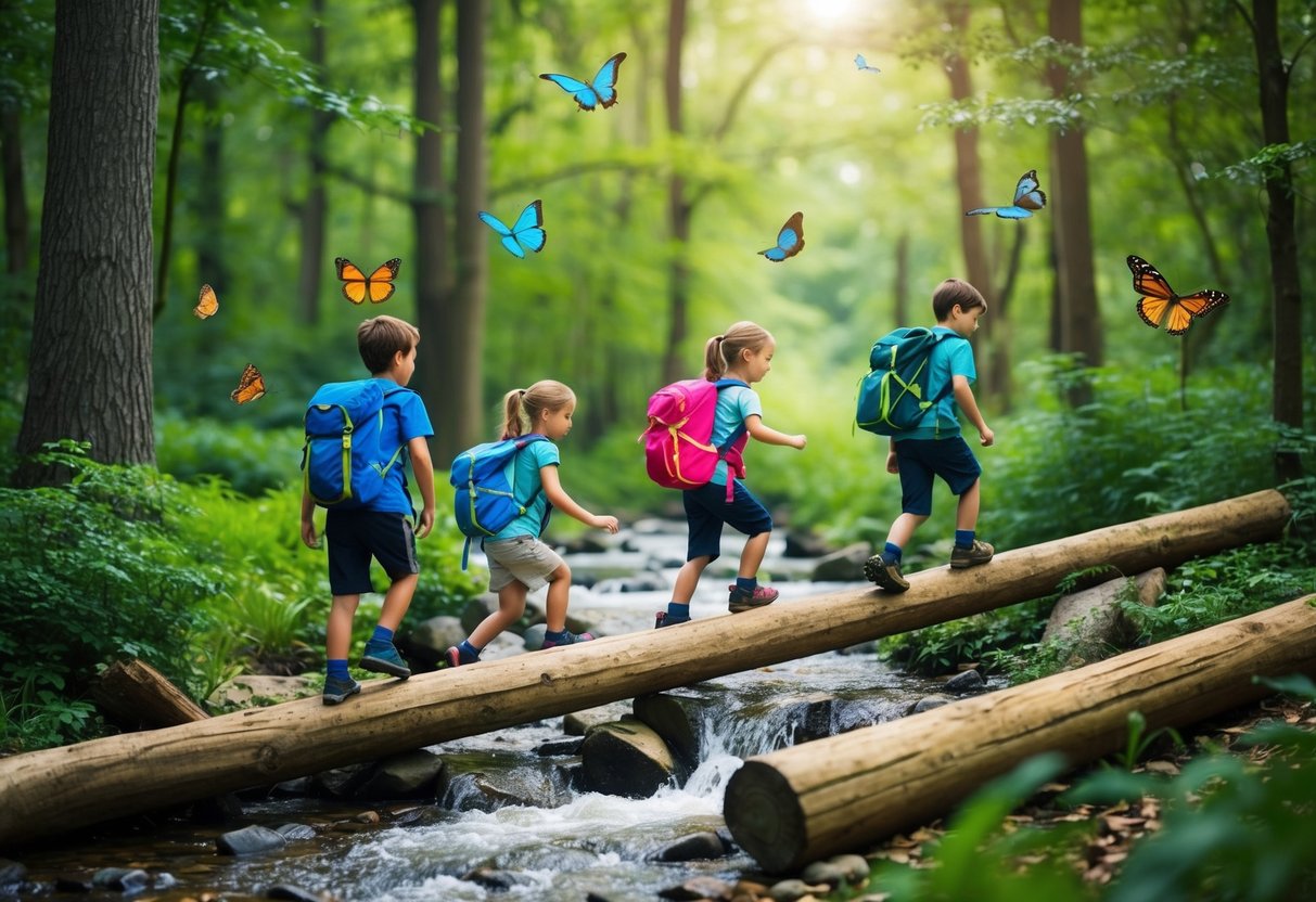 Children hiking through a lush forest, crossing a bubbling stream, and climbing over fallen logs, with colorful birds and butterflies fluttering around them