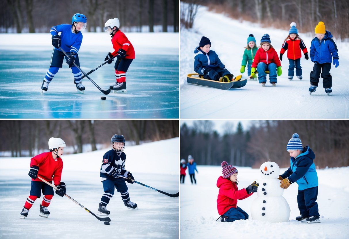 Children playing ice hockey on a frozen pond, others sledding down a snowy hill, and a group of kids building a snowman in a winter wonderland