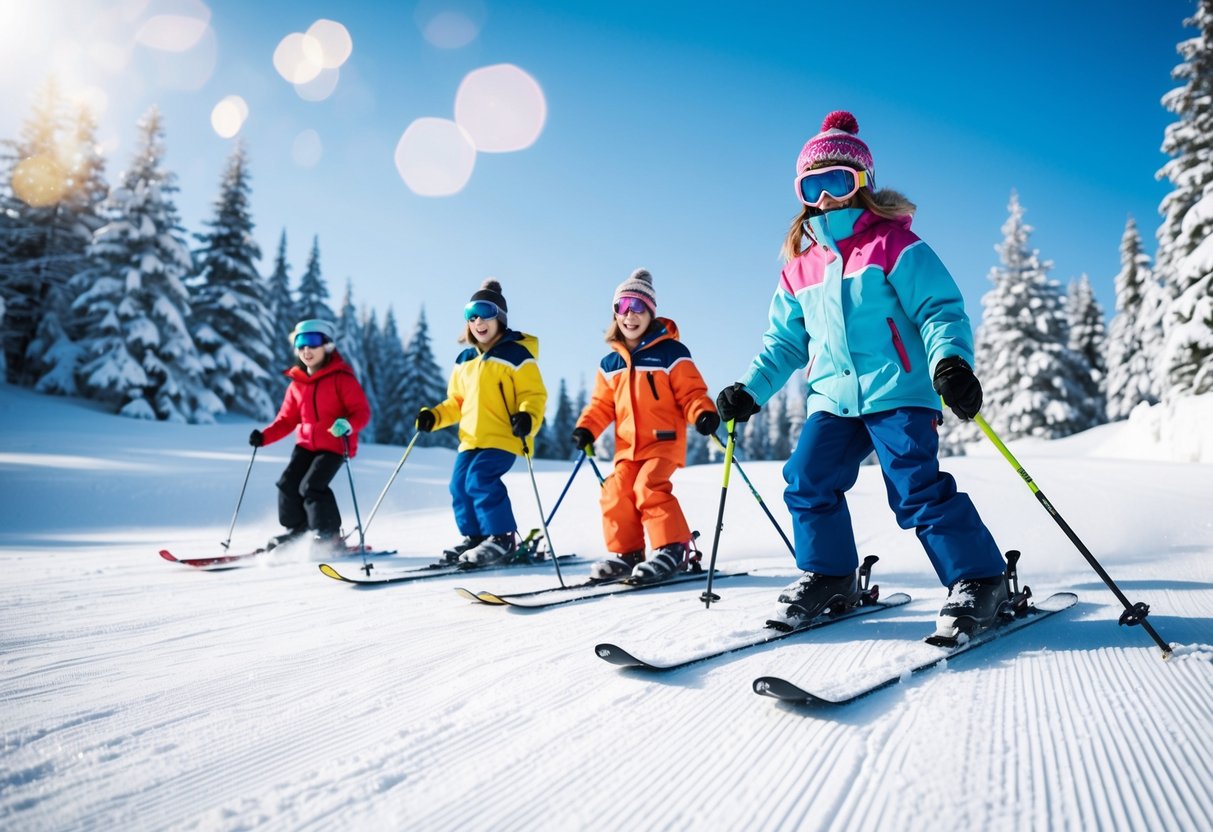 A group of kids skiing down a snowy slope, with colorful ski jackets and hats, surrounded by snow-covered trees and a bright blue sky