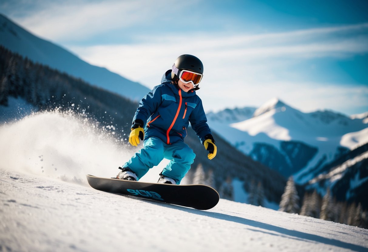 A child snowboarding down a snowy slope with mountains in the background