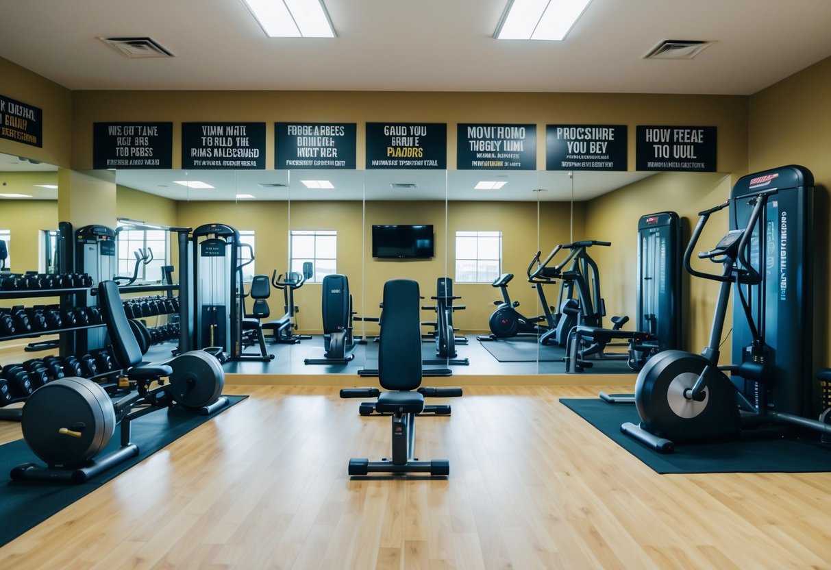 A gym with various exercise equipment arranged neatly, surrounded by motivational posters and natural lighting