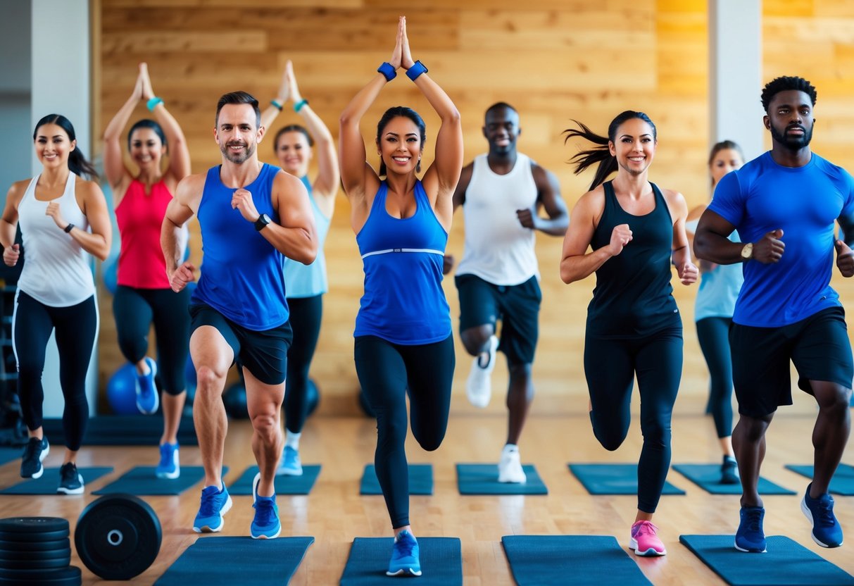 A group of diverse individuals engage in various fitness challenges, including weight lifting, running, and yoga, in a vibrant and competitive setting