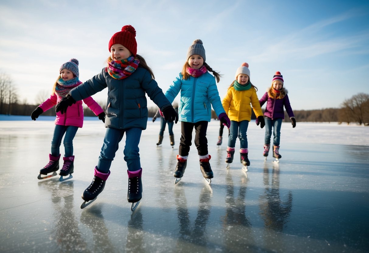 A group of children glide across a frozen pond, their colorful scarves trailing behind them as they skate under the winter sun