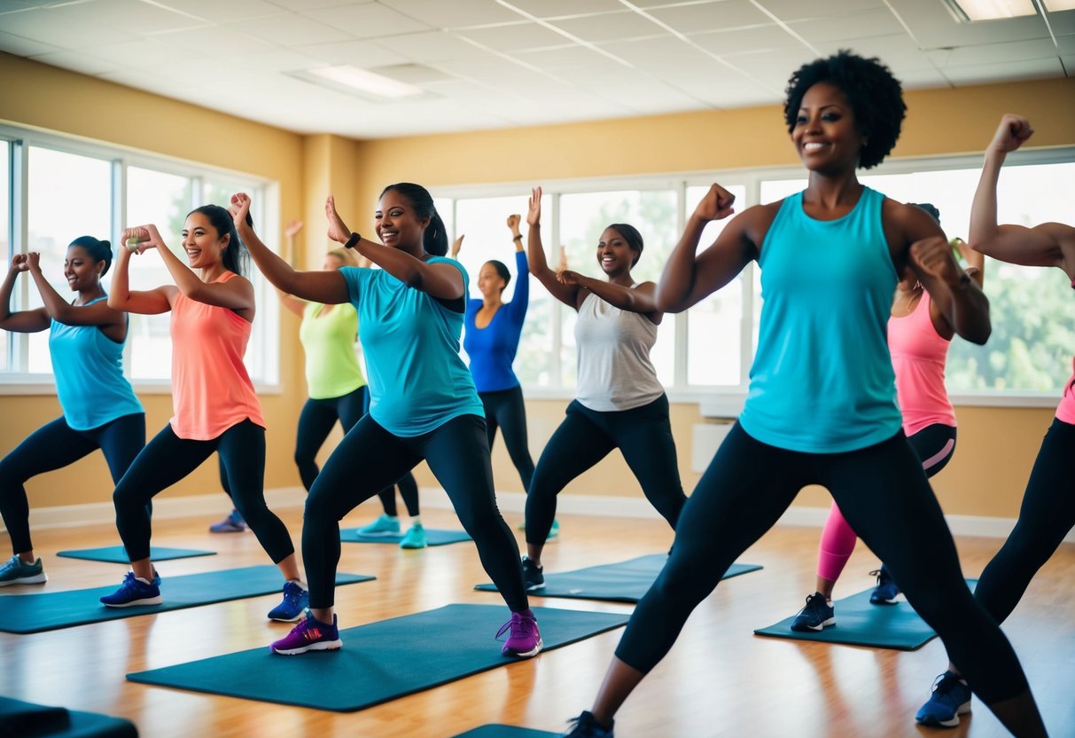 A group of diverse individuals engage in a lively fitness class, following an instructor's lead. The room is filled with energy and movement as participants work on building a consistent fitness routine