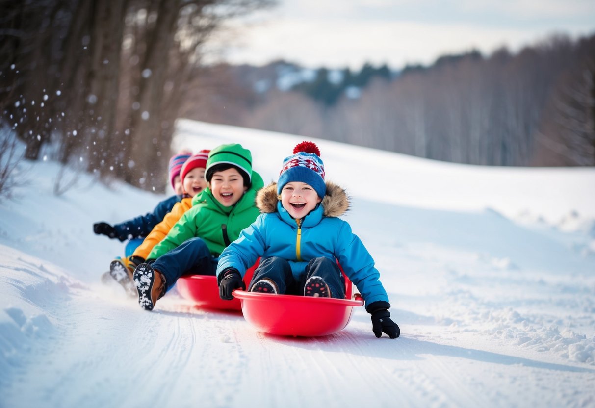 Children sled down a snowy hill, laughing and enjoying the winter sport