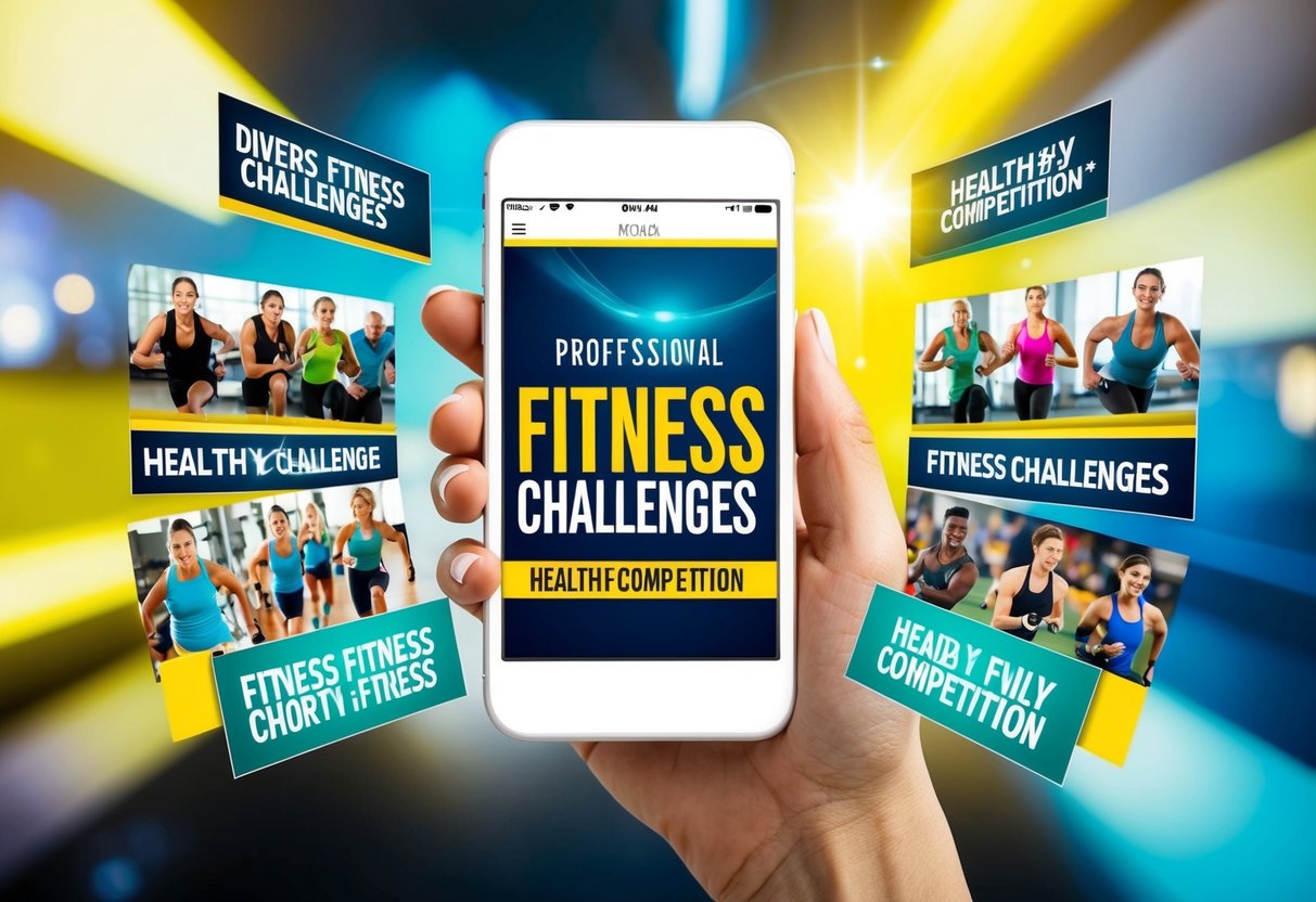 A group of diverse fitness challenges displayed on a smartphone screen, surrounded by vibrant and energetic imagery representing healthy competition