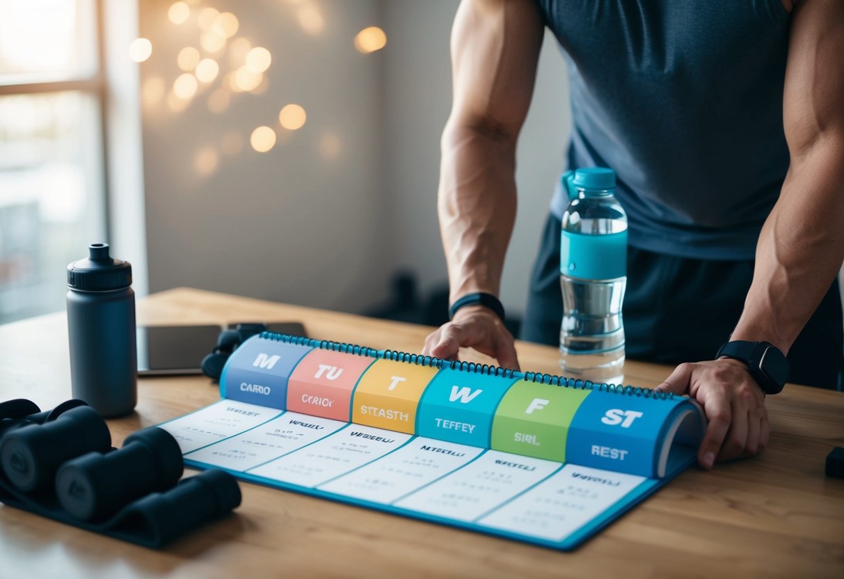 A person setting up a weekly workout schedule with a mix of cardio, strength training, and rest days. They have a water bottle and workout gear nearby