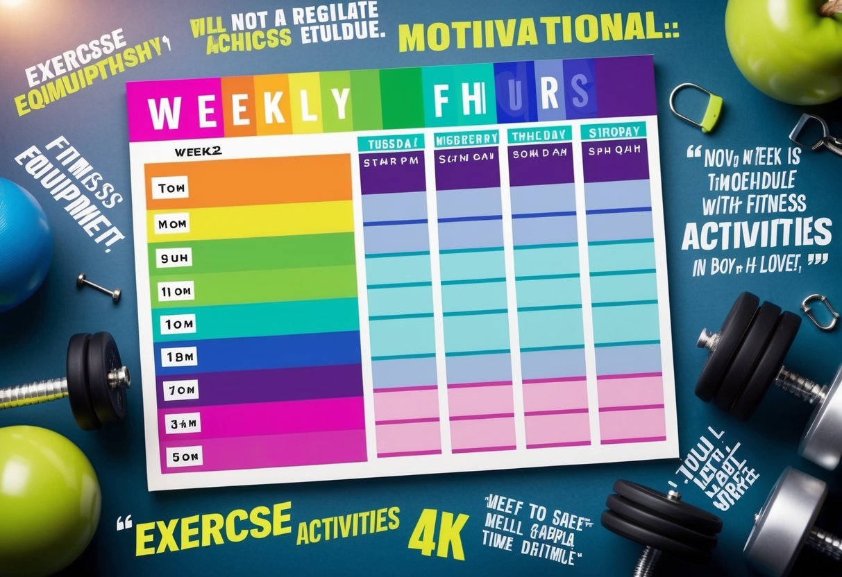 A colorful weekly schedule with labeled time slots for different fitness activities, surrounded by motivational quotes and images of exercise equipment