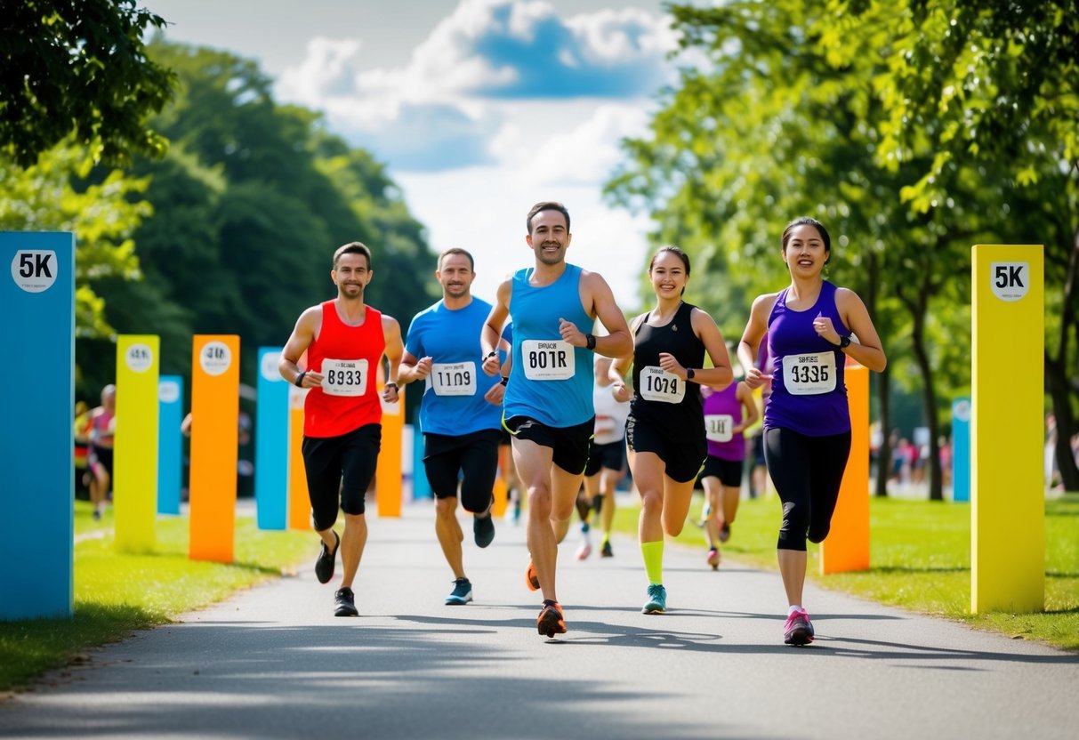 A group of participants race through a park, passing colorful fitness challenge stations. The sun shines overhead as they compete in the local 5K fun run