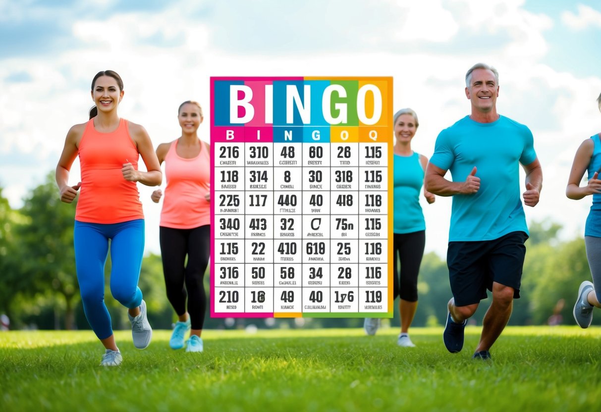 A colorful bingo card with fitness challenges surrounded by family members exercising together in a park