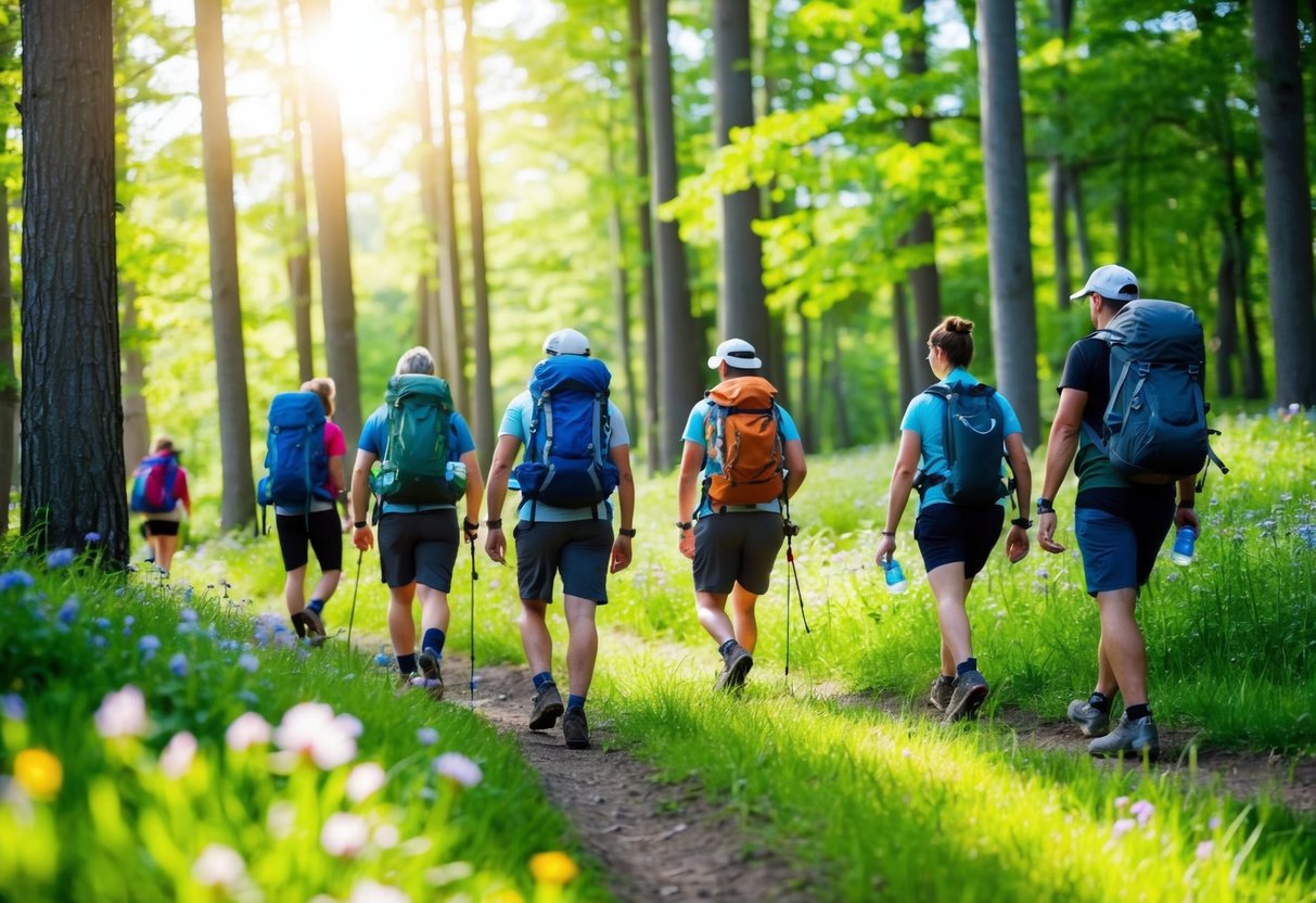 A group of hikers trek through a lush forest, with sunlight filtering through the trees. Some are carrying backpacks and water bottles, while others are stopping to admire the blooming wildflowers