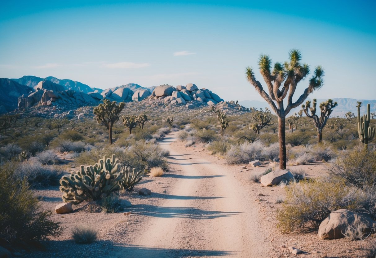 A winding desert trail leads through rocky terrain, with Joshua trees and cacti dotting the landscape under a bright blue sky