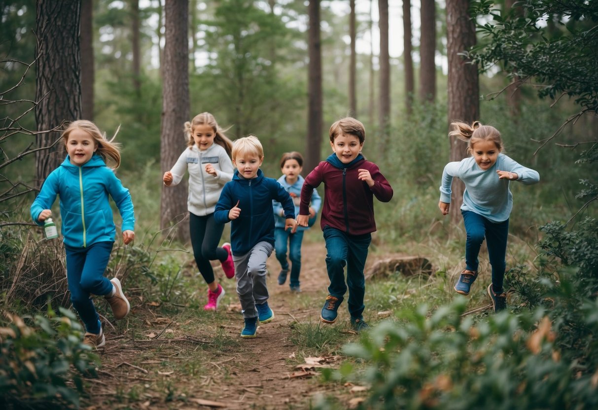 Children exploring a forest, searching for items on a scavenger hunt list. They run, jump, and climb, surrounded by trees, bushes, and wildlife