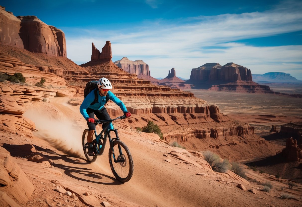 A mountain biker navigates a rugged trail in Moab, Utah, surrounded by towering red rock formations and a vast desert landscape