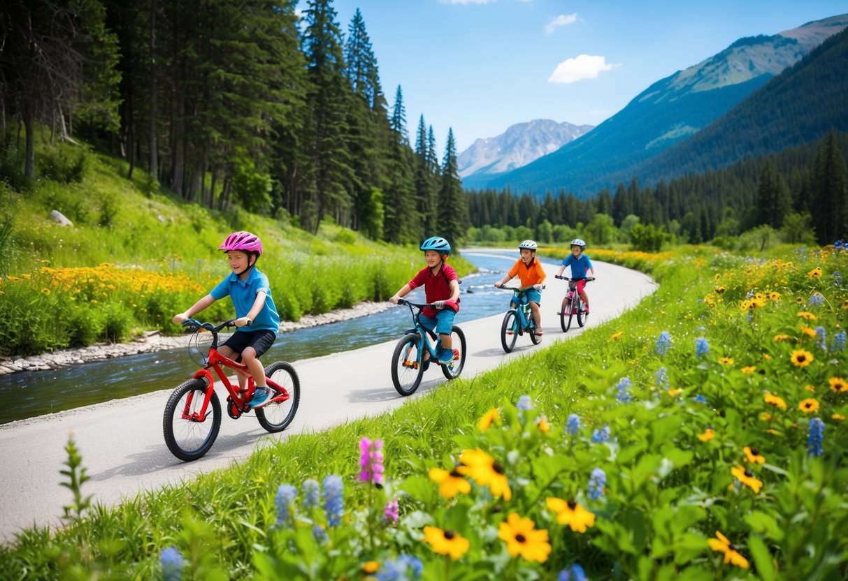 Children cycling through a lush forest, passing by a winding river and colorful wildflowers, with a mountainous backdrop and clear blue sky