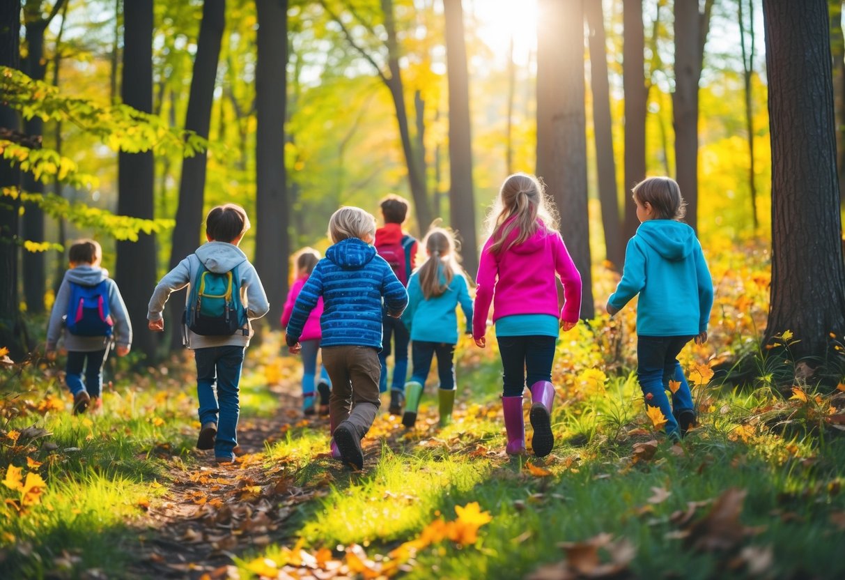 A group of children hike through a colorful forest, kicking up leaves and pointing out wildlife. The sun shines through the trees, casting a warm glow on the scene