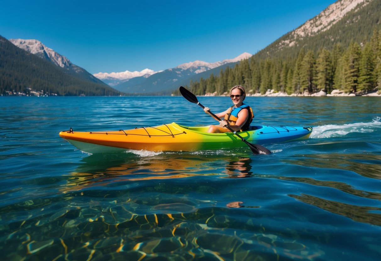 A colorful kayak glides across the crystal-clear waters of Lake Tahoe, surrounded by lush green mountains and a bright blue sky