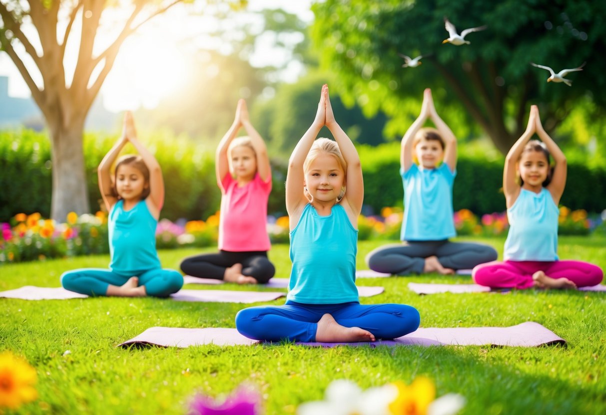 Children practicing yoga poses in a lush outdoor setting, surrounded by trees and colorful flowers, with the sun shining and birds chirping in the background