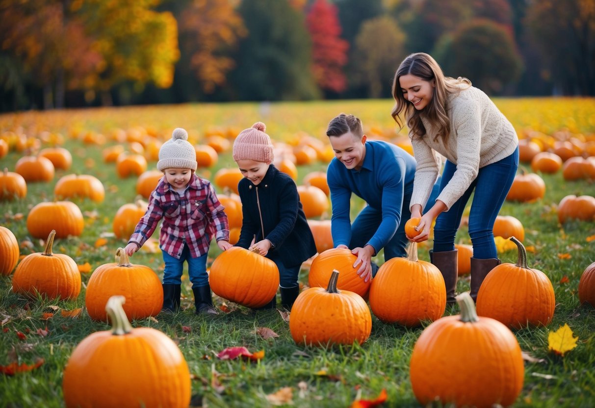 Families picking pumpkins in a colorful autumn field