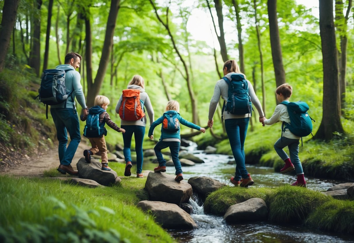 A family hiking in a lush forest, children climbing rocks and crossing a small stream, while parents guide and encourage them