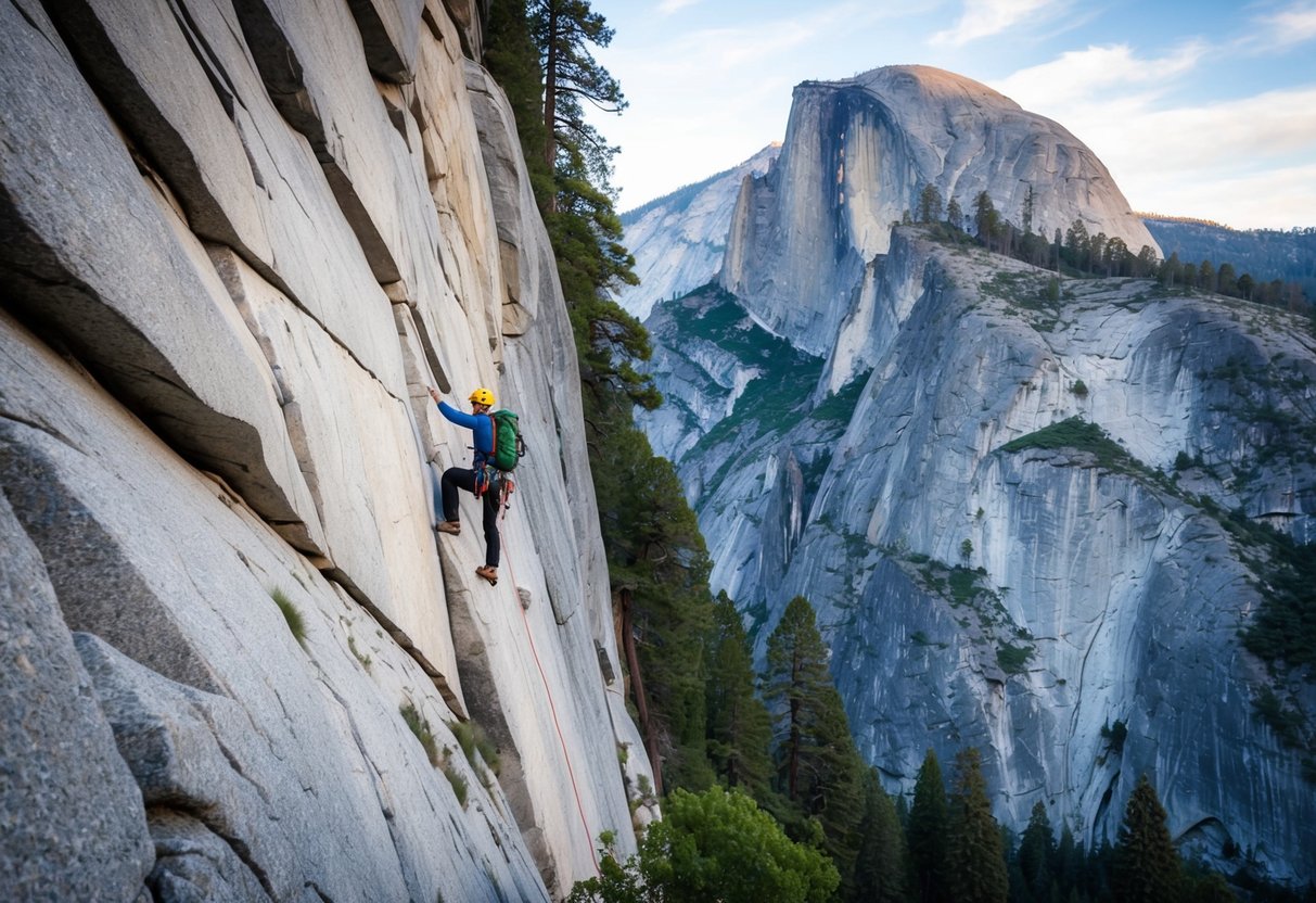 A climber ascends a sheer rock face in Yosemite National Park, surrounded by towering granite cliffs and lush greenery