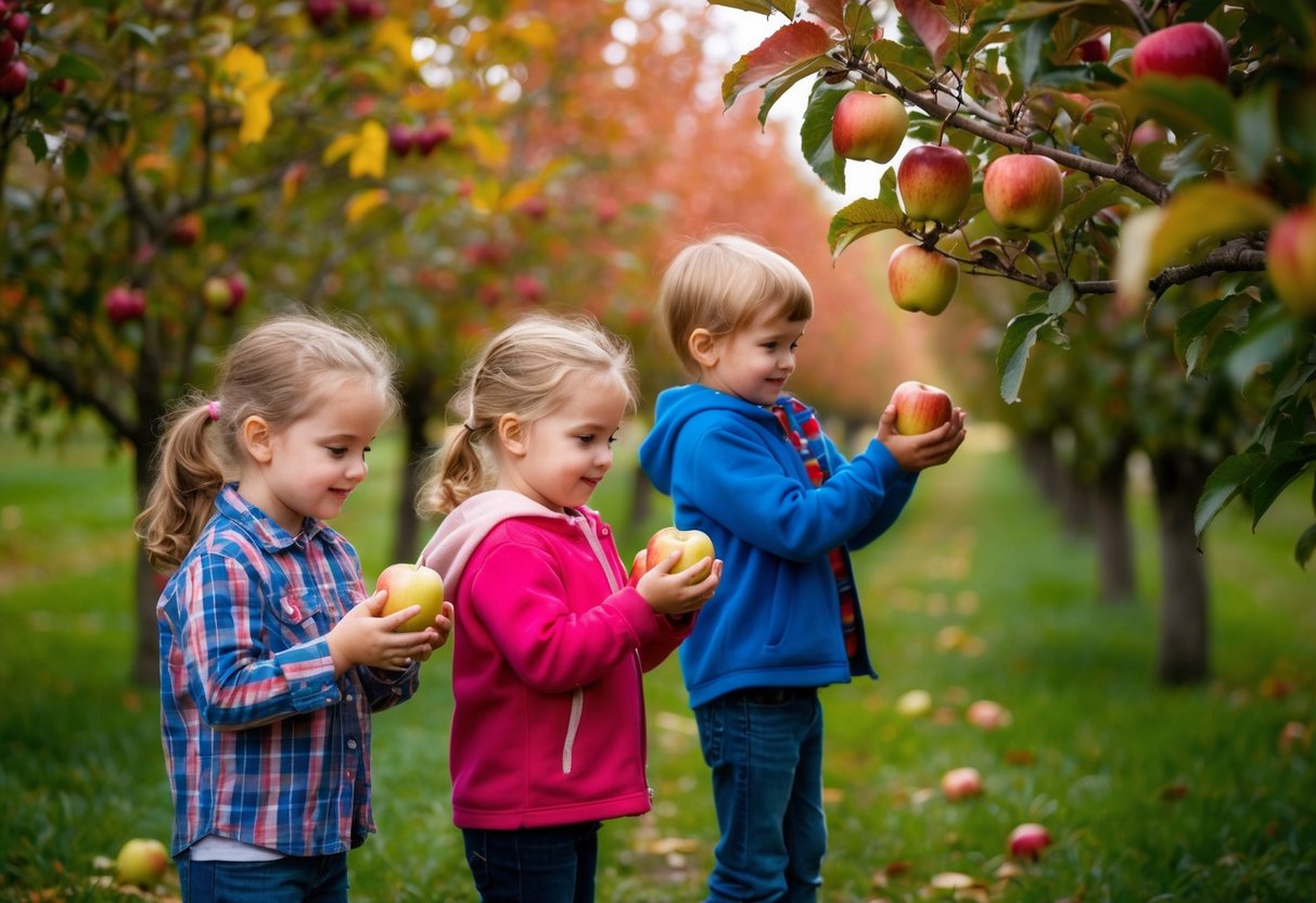 Children picking apples in a colorful orchard, surrounded by trees with vibrant autumn leaves