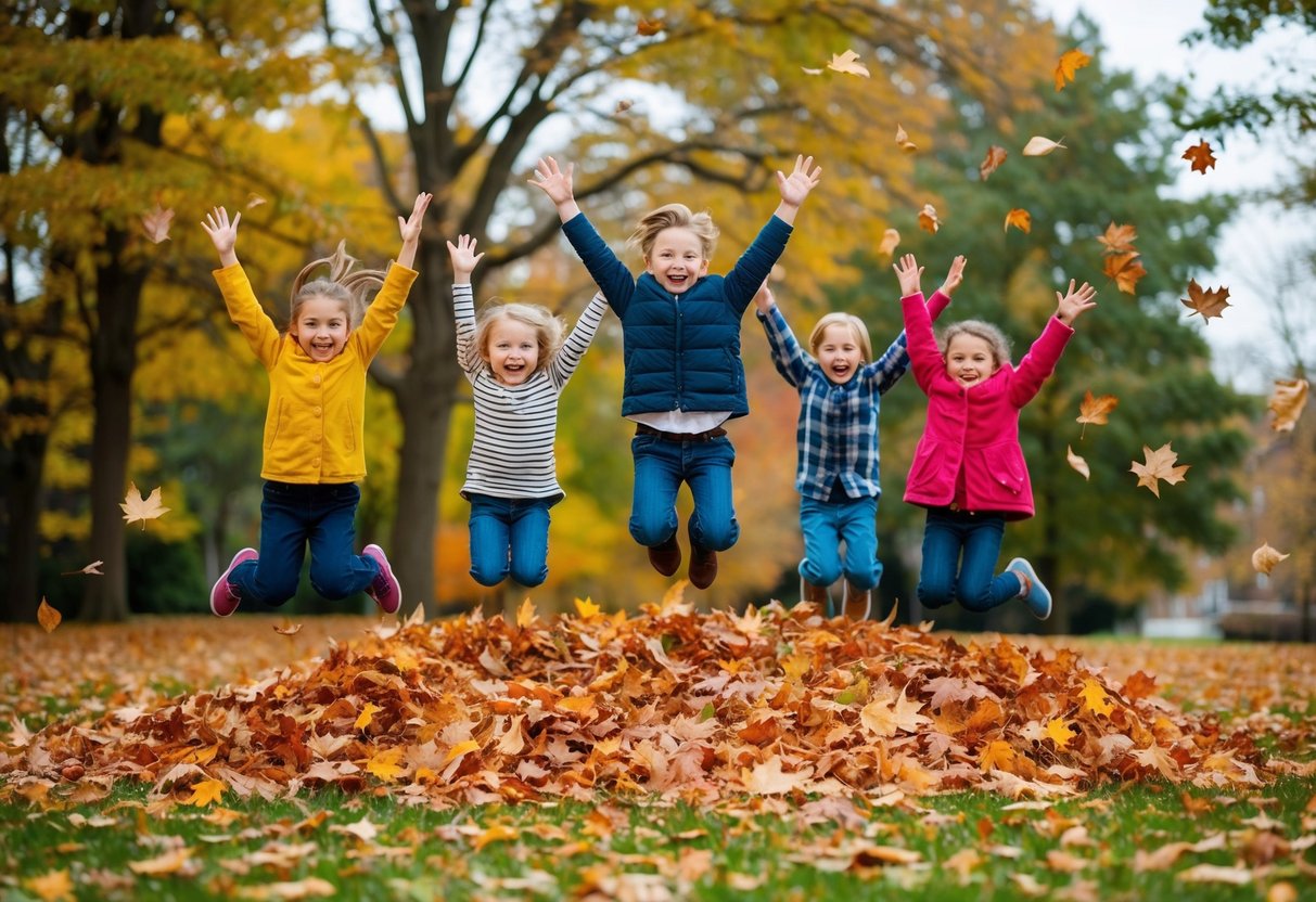 Children leaping into a large pile of autumn leaves