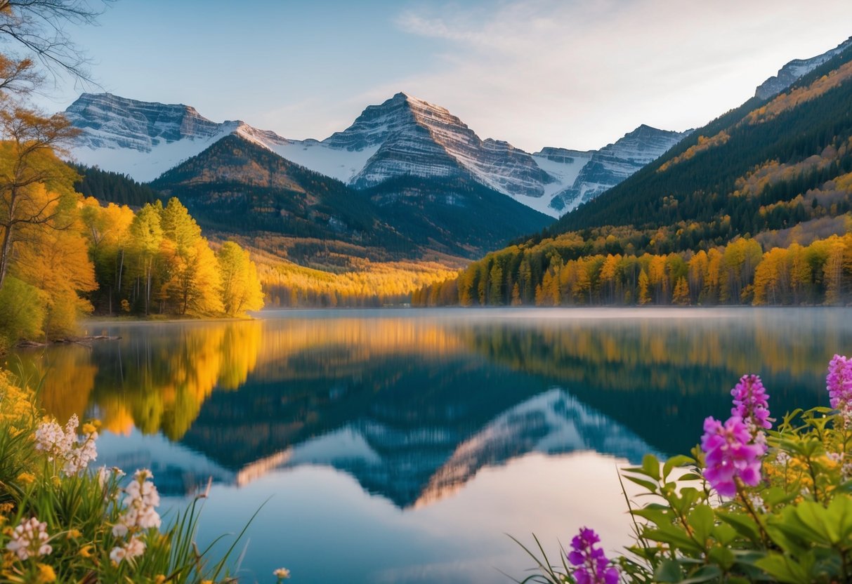 A serene landscape with changing foliage, snow-capped mountains, blooming flowers, and a calm lake for seasonal outdoor activities